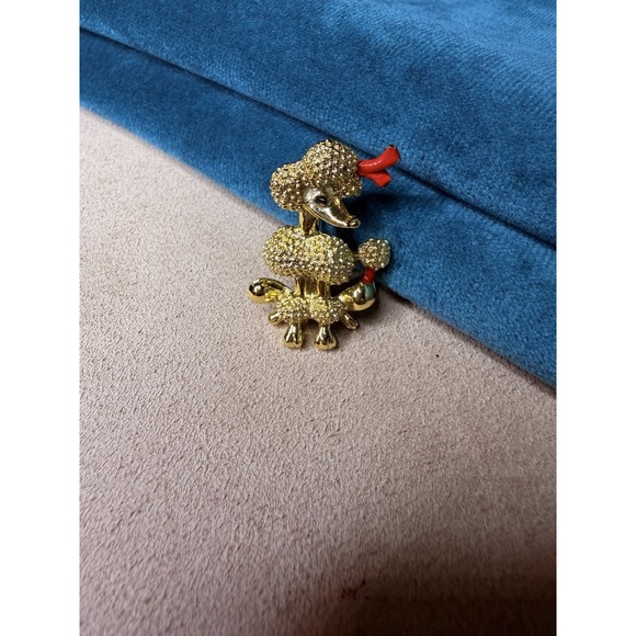 The Unbranded Brand Jewelry - Vintage Gold Tone Textured Poodle Brooch Pin Red Enamel Bows Dog Figural